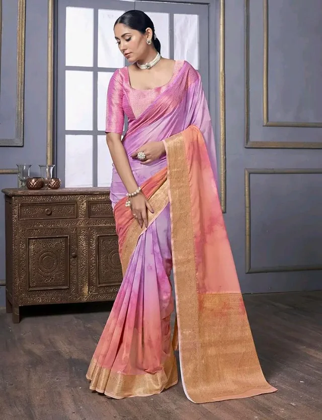 Vardha Women's Pure Georgette Banarasi Saree with Blouse Piece Woven Design Print With Zari Work (Purple) | Premium Design | Comfortable Fit | Ideal for Festive, Casual, or Daily Wear | Stylish
