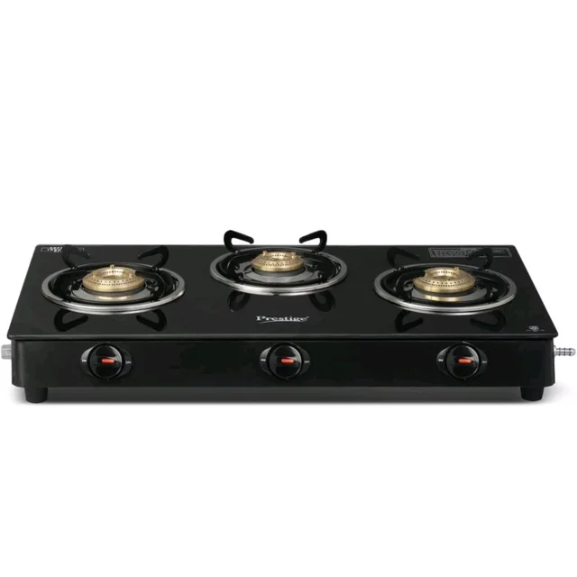 Prestige Iris 3 Burner Gas Stove | Toughened Glass Top | Tri-Pin Brass Burners | Ergonomic Knob | Black | 2Y Warranty | ISI Certified