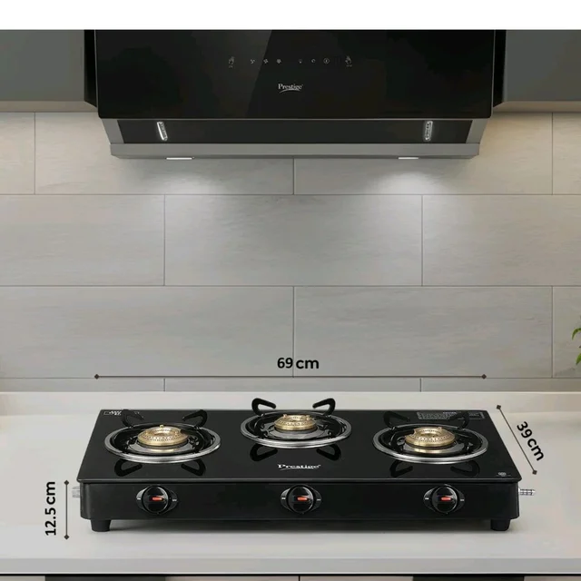 Prestige Iris 3 Burner Gas Stove | Toughened Glass Top | Tri-Pin Brass Burners | Ergonomic Knob | Black | 2Y Warranty | ISI Certified