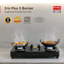 Prestige Iris 3 Burner Gas Stove | Toughened Glass Top | Tri-Pin Brass Burners | Ergonomic Knob | Black | 2Y Warranty | ISI Certified