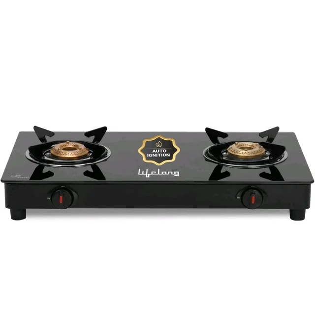 Lifelong 2 Burner Gas Stove Top for Kitchen - Automatic Ignition Cooktop Modern Glass Stove for Modular Kitchen, ISI Certified & Compatible with LPG - 1 Year Manufacturer's (Black, LLGS912)