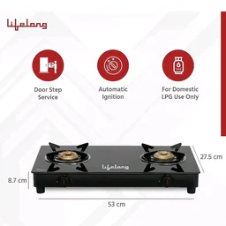 Lifelong 2 Burner Gas Stove Top for Kitchen - Automatic Ignition Cooktop Modern Glass Stove for Modular Kitchen, ISI Certified & Compatible with LPG - 1 Year Manufacturer's (Black, LLGS912)