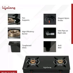 Lifelong 2 Burner Gas Stove Top for Kitchen - Automatic Ignition Cooktop Modern Glass Stove for Modular Kitchen, ISI Certified & Compatible with LPG - 1 Year Manufacturer's (Black, LLGS912)