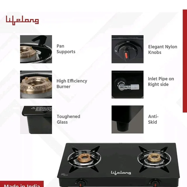 Lifelong 2 Burner Gas Stove Top for Kitchen - Automatic Ignition Cooktop Modern Glass Stove for Modular Kitchen, ISI Certified & Compatible with LPG - 1 Year Manufacturer's (Black, LLGS912)