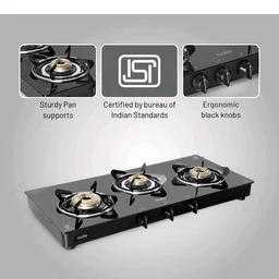 Glen Toughened Glass Top PNG Gas Stove 72 cm | Extra Large | Brass Burners | Black | Manual Ignition | ISI Certified | 360 Revolving Nozzle | 2 Year Warranty | 1033GTXLBBBLPN