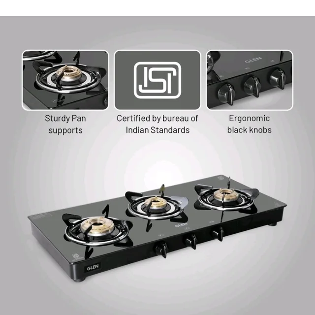 Glen Toughened Glass Top PNG Gas Stove 72 cm | Extra Large | Brass Burners | Black | Manual Ignition | ISI Certified | 360 Revolving Nozzle | 2 Year Warranty | 1033GTXLBBBLPN