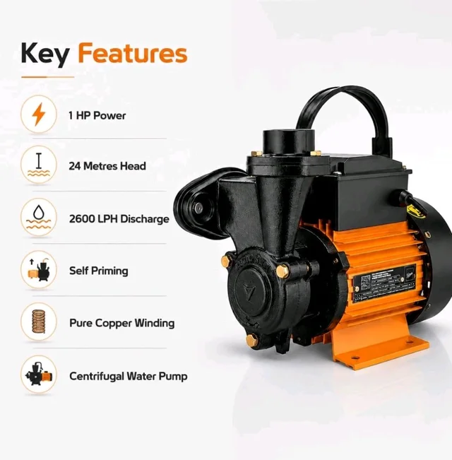 Kirloskar Mini Anisa I Centrifugal Water Pump, 1 HP, 24 Metres Head, 2600 LPH Discharge Capacity, Self Priming, Pure Copper Winding