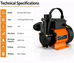 Kirloskar Mini Anisa I Centrifugal Water Pump, 1 HP, 24 Metres Head, 2600 LPH Discharge Capacity, Self Priming, Pure Copper Winding