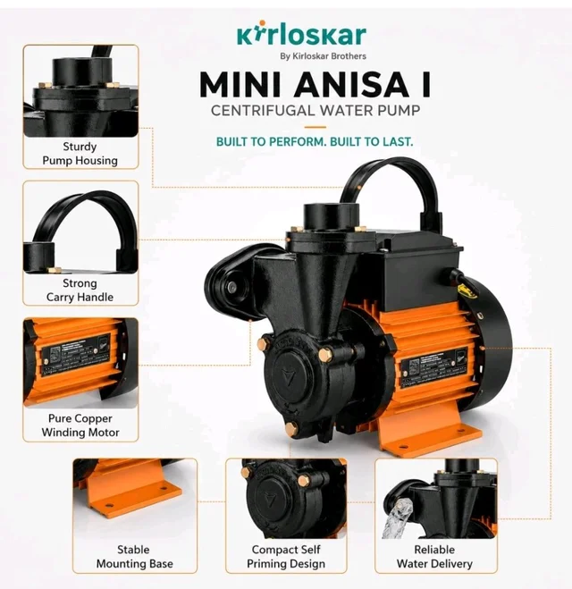 Kirloskar Mini Anisa I Centrifugal Water Pump, 1 HP, 24 Metres Head, 2600 LPH Discharge Capacity, Self Priming, Pure Copper Winding