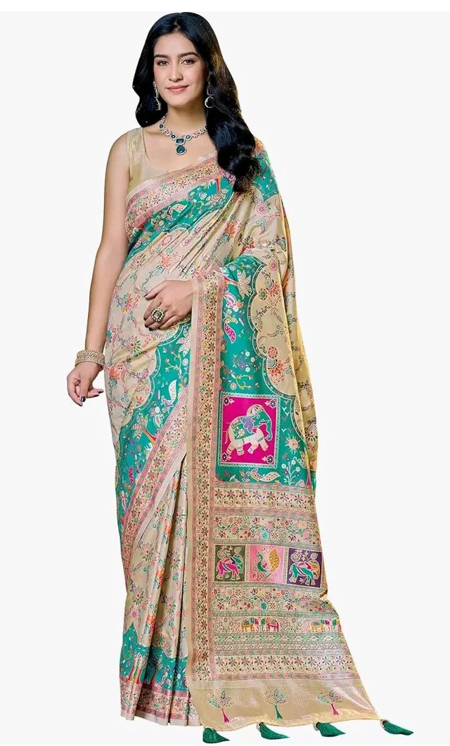 MANOHARI Women's Soft Silk Blend Woven Saree with Rich Zari Border & Heritage Motifs | Ethnic Saree for Wedding, Festival, Party | Unstitched Blouse Piece