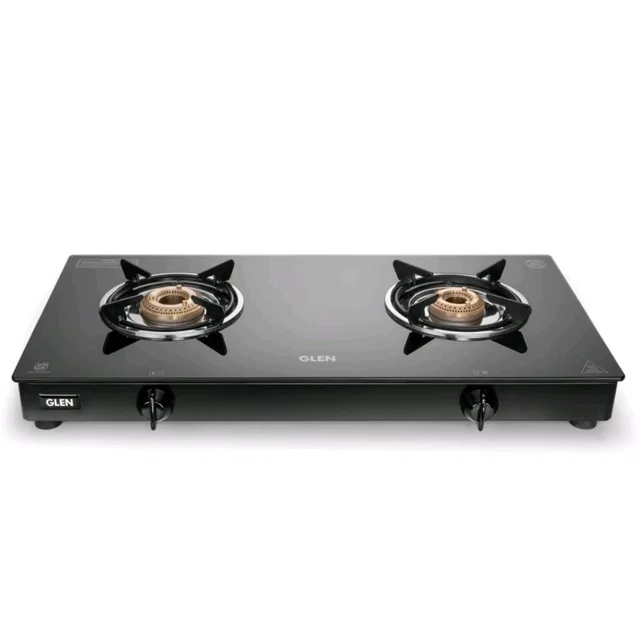 Glen Apex 2 Burner LPG Gas Stove 66 cm | 6mm Toughened Glass Top | Brass Burners | ISI Certified | Manual Ignition | Black with Drip Trays & Revolving Inlet Nozzle | 2 Year Warranty