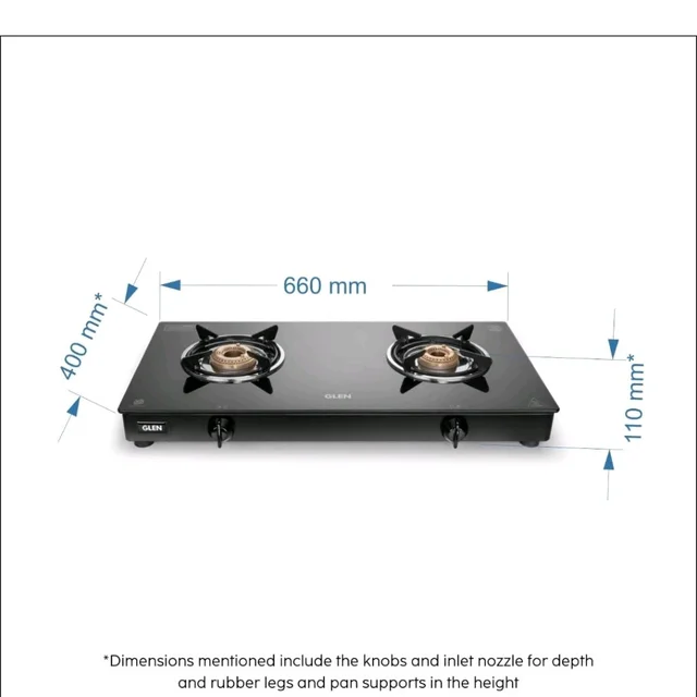 Glen Apex 2 Burner LPG Gas Stove 66 cm | 6mm Toughened Glass Top | Brass Burners | ISI Certified | Manual Ignition | Black with Drip Trays & Revolving Inlet Nozzle | 2 Year Warranty