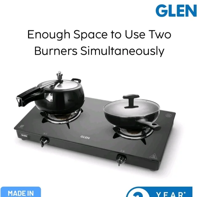 Glen Apex 2 Burner LPG Gas Stove 66 cm | 6mm Toughened Glass Top | Brass Burners | ISI Certified | Manual Ignition | Black with Drip Trays & Revolving Inlet Nozzle | 2 Year Warranty