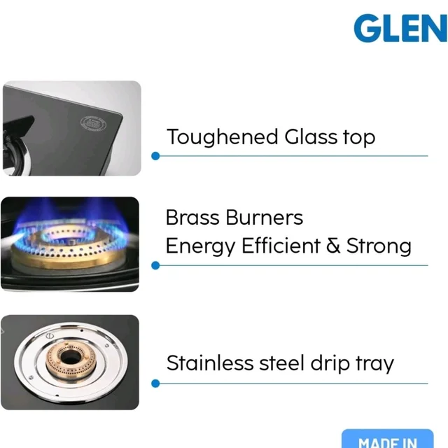 Glen Apex 2 Burner LPG Gas Stove 66 cm | 6mm Toughened Glass Top | Brass Burners | ISI Certified | Manual Ignition | Black with Drip Trays & Revolving Inlet Nozzle | 2 Year Warranty