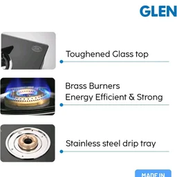 Glen Apex 2 Burner LPG Gas Stove 66 cm | 6mm Toughened Glass Top | Brass Burners | ISI Certified | Manual Ignition | Black with Drip Trays & Revolving Inlet Nozzle | 2 Year Warranty
