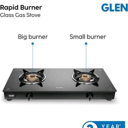 Glen Apex 2 Burner LPG Gas Stove 66 cm | 6mm Toughened Glass Top | Brass Burners | ISI Certified | Manual Ignition | Black with Drip Trays & Revolving Inlet Nozzle | 2 Year Warranty