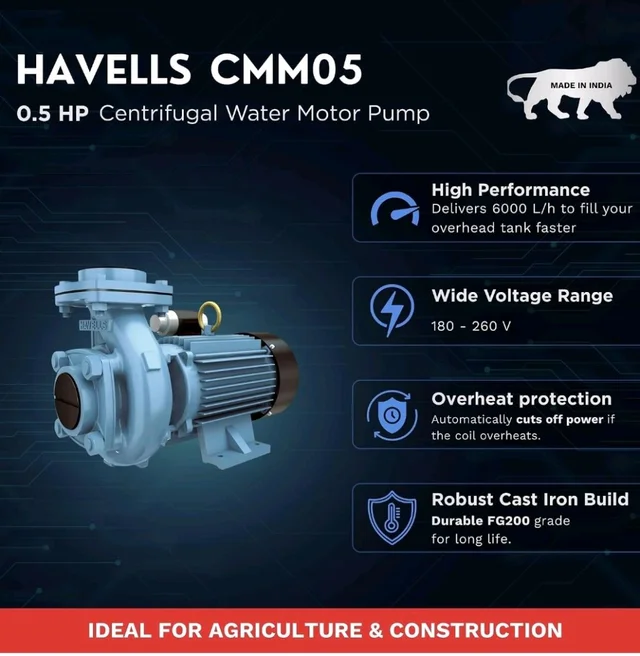 Havells Centrifugal Water Pump CMM05 (0.5 HP) | Copper Winding, High Flow Rate, 180-260 V Range | Overheat Protection, Durable | for Home, Irrigation, Gardening | 1 Yr Warranty, Half (1/2) HP