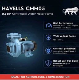 Havells Centrifugal Water Pump CMM05 (0.5 HP) | Copper Winding, High Flow Rate, 180-260 V Range | Overheat Protection, Durable | for Home, Irrigation, Gardening | 1 Yr Warranty, Half (1/2) HP