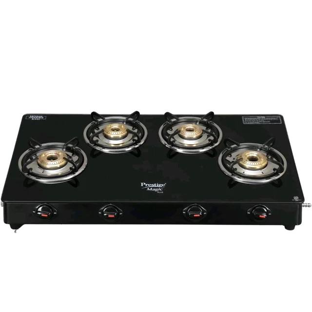 Prestige Magic plus Toughened Glass-Top(Long)4 Brass Burner LPG Gas Stove (GTMP-04L)| Black Spill Proof Desig