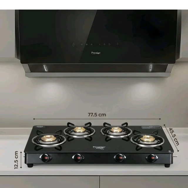 Prestige Magic plus Toughened Glass-Top(Long)4 Brass Burner LPG Gas Stove (GTMP-04L)| Black Spill Proof Desig