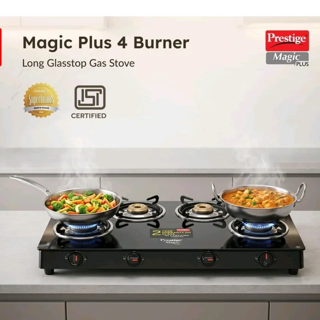Prestige Magic plus Toughened Glass-Top(Long)4 Brass Burner LPG Gas Stove (GTMP-04L)| Black Spill Proof Desig