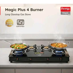 Prestige Magic plus Toughened Glass-Top(Long)4 Brass Burner LPG Gas Stove (GTMP-04L)| Black Spill Proof Desig