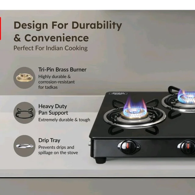 Prestige Magic plus Toughened Glass-Top(Long)4 Brass Burner LPG Gas Stove (GTMP-04L)| Black Spill Proof Desig