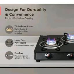 Prestige Magic plus Toughened Glass-Top(Long)4 Brass Burner LPG Gas Stove (GTMP-04L)| Black Spill Proof Desig
