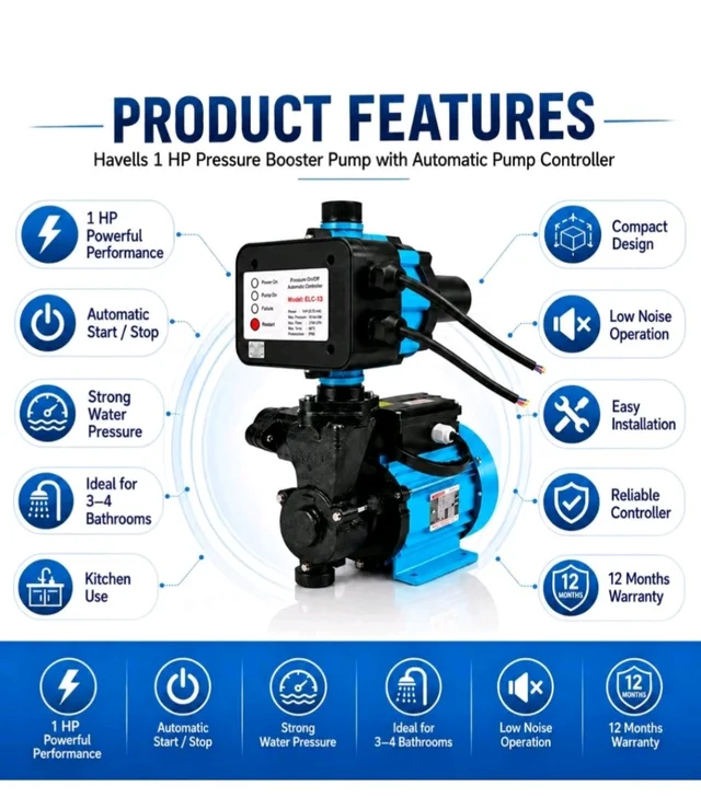 Havells 1hp Pressure Booster Pump for Home Upto 3-4 Bathroom and Kitchen I 1hp with Automatic pump controller IWater pump 1hp I 12 Months Warranty
100+ bought in past month