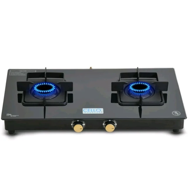 Cello Black Pearl 2 Burner Toughened Glass Top Gas Stove, Brass Burners, Black Finish Brass Manual Gas Stove, 1 Year Warranty (2 Burner)