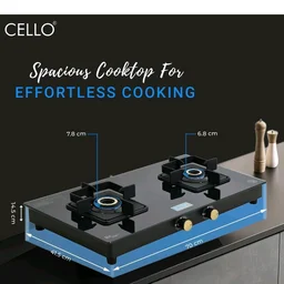Cello Black Pearl 2 Burner Toughened Glass Top Gas Stove, Brass Burners, Black Finish Brass Manual Gas Stove, 1 Year Warranty (2 Burner)