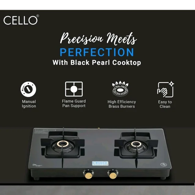 Cello Black Pearl 2 Burner Toughened Glass Top Gas Stove, Brass Burners, Black Finish Brass Manual Gas Stove, 1 Year Warranty (2 Burner)
