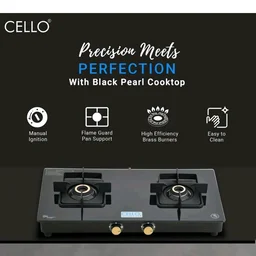 Cello Black Pearl 2 Burner Toughened Glass Top Gas Stove, Brass Burners, Black Finish Brass Manual Gas Stove, 1 Year Warranty (2 Burner)