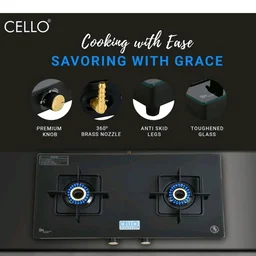 Cello Black Pearl 2 Burner Toughened Glass Top Gas Stove, Brass Burners, Black Finish Brass Manual Gas Stove, 1 Year Warranty (2 Burner)