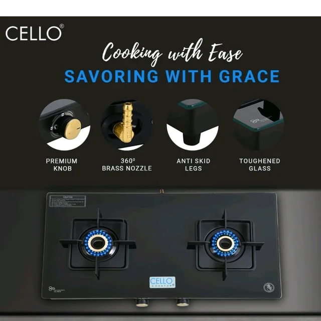 Cello Black Pearl 2 Burner Toughened Glass Top Gas Stove, Brass Burners, Black Finish Brass Manual Gas Stove, 1 Year Warranty (2 Burner)