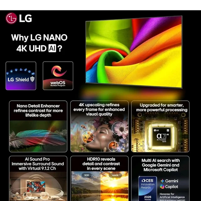 Visit the LG Store
3.9
3.9 out of 5 stars
(5,248)
LG 108 cms (43 inches) NU87 AI Series Nano 4K Ultra HD (3840 x 2160) Smart webOS LED TV 43NU870BPLA 2026