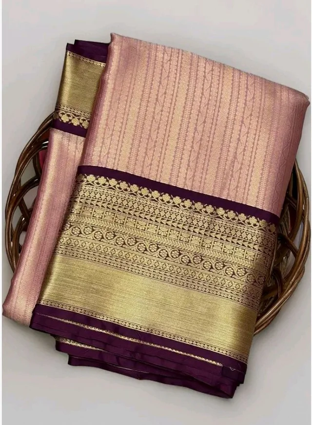 Traditional Kanchipuram Silk Saree with Gold Zari Border, Pink and Purple, South Indian Temple Design