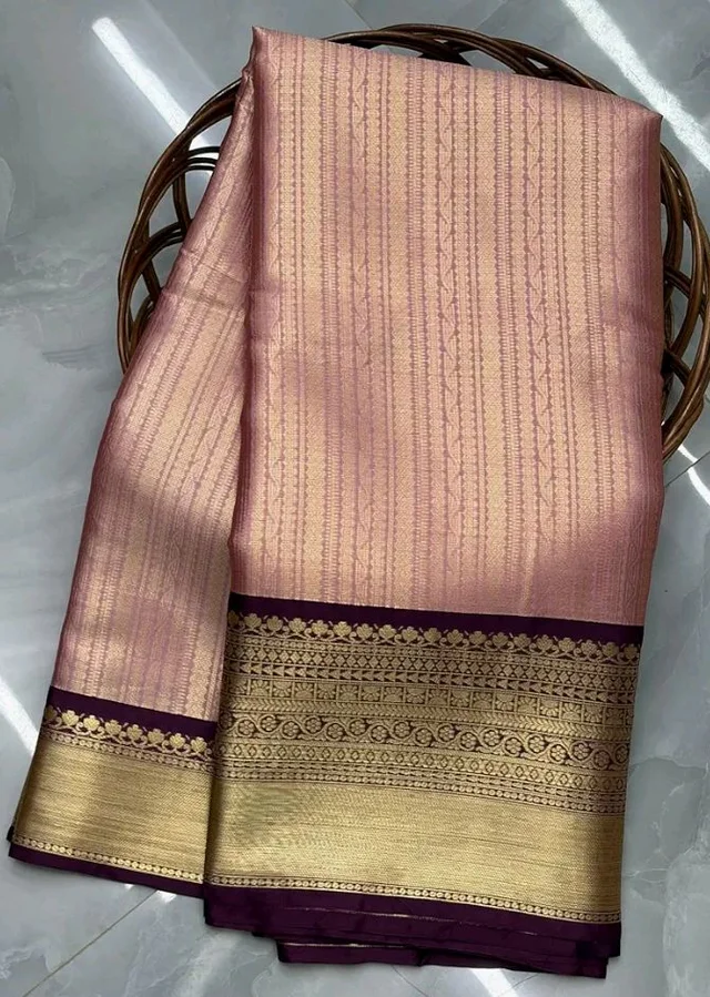 Traditional Kanchipuram Silk Saree with Gold Zari Border, Pink and Purple, South Indian Temple Design
