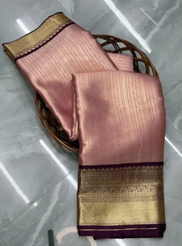 Traditional Kanchipuram Silk Saree with Gold Zari Border, Pink and Purple, South Indian Temple Design