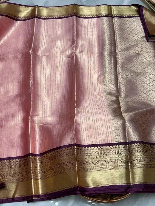 Traditional Kanchipuram Silk Saree with Gold Zari Border, Pink and Purple, South Indian Temple Design