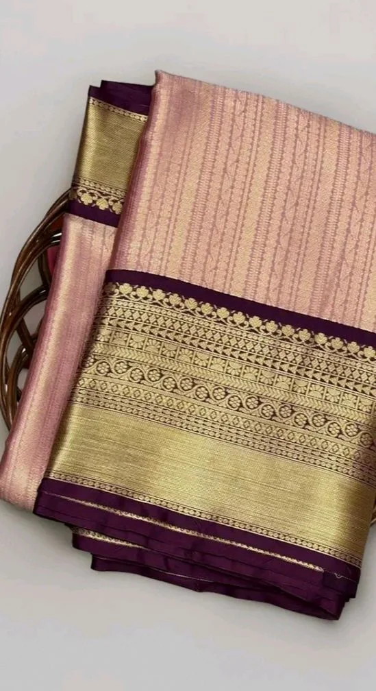 Traditional Kanchipuram Silk Saree with Gold Zari Border, Pink and Purple, South Indian Temple Design
