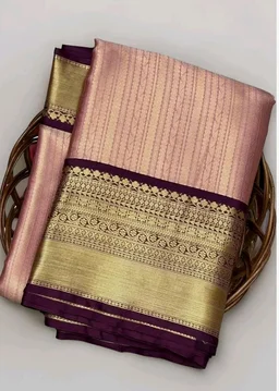 Traditional Kanchipuram Silk Saree with Gold Zari Border, Pink and Purple, South Indian Temple Design