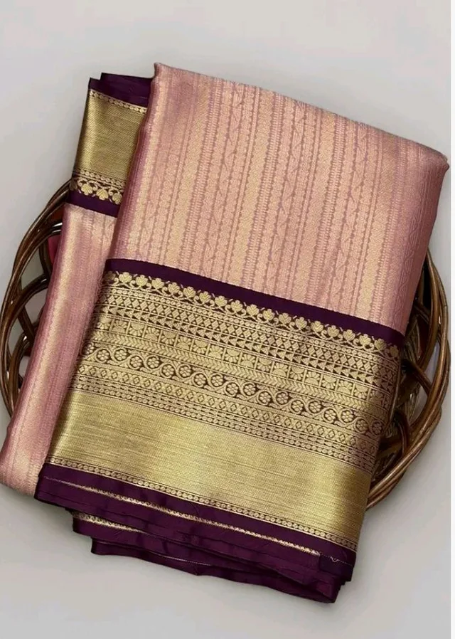 Traditional Kanchipuram Silk Saree with Gold Zari Border, Pink and Purple, South Indian Temple Design