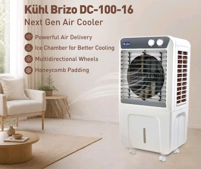 KUHL Brizo DC-100 Portable Desert Air Cooler | 200W | 100L Capacity | 16" Blades | Ice Chamber & Honeycomb Cooling Pads | Powerful Air Delivery | 1350 RPM | 30ft Air Throw | Inverter Compatible
33%
off