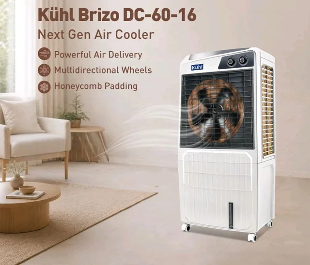 KUHL Brizo DC-60 Portable Desert Air Cooler|200W|60L Capacity| 16" Blades | Honeycomb Cooling Pads for long-lasting Cooling| Powerful Air Delivery | 1350 RPM | 32ft Air Throw | Inverter Compatible