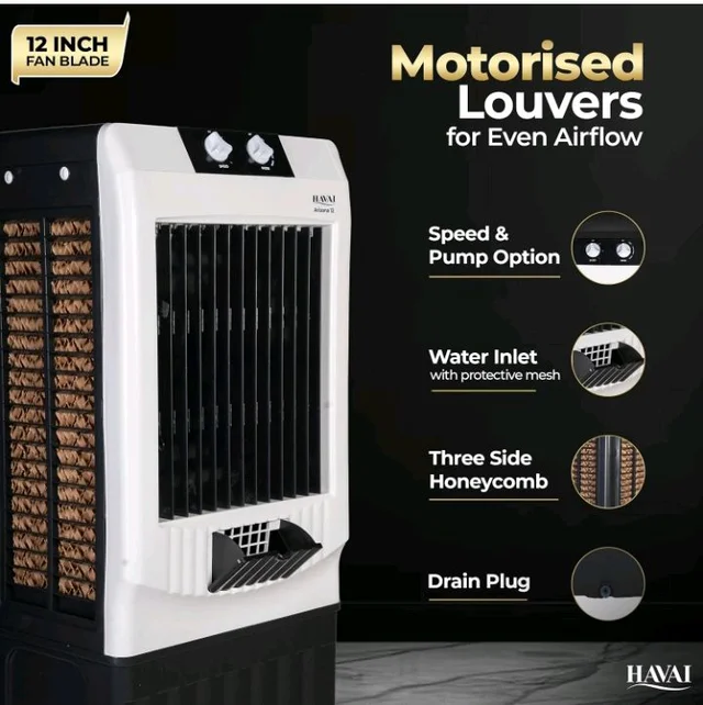 Havai Arizona 12 Personal Air Cooler | 60L | 12" | Black & White
12-Inch Powerful Fan | 60L Large Water Tank | 3-Side Honeycomb Cooling | Up To 8 Ft Air Throw | Black & White Modern Design