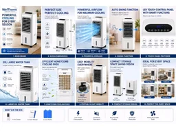 WelTherm 20L Air Cooler with 100% Pure Copper Motor, Low Noise Operation, Honeycomb, Remote Control, Digital Display Touch Panel, Swing, 3 Speed & Modes,12H Timer for Home, Bedroom & Office WX-Arctic