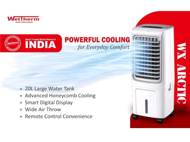 WelTherm 20L Air Cooler with 100% Pure Copper Motor, Low Noise Operation, Honeycomb, Remote Control, Digital Display Touch Panel, Swing, 3 Speed & Modes,12H Timer for Home, Bedroom & Office WX-Arctic