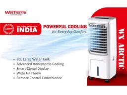 WelTherm 20L Air Cooler with 100% Pure Copper Motor, Low Noise Operation, Honeycomb, Remote Control, Digital Display Touch Panel, Swing, 3 Speed & Modes,12H Timer for Home, Bedroom & Office WX-Arctic