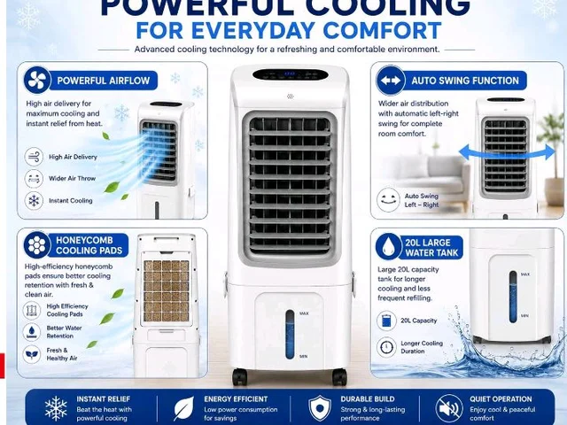 WelTherm 20L Air Cooler with 100% Pure Copper Motor, Low Noise Operation, Honeycomb, Remote Control, Digital Display Touch Panel, Swing, 3 Speed & Modes,12H Timer for Home, Bedroom & Office WX-Arctic